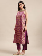 Varanga Women Mauve And Gold Halter Neck Brocade Straight Kurta With Straight Trouser And Double Layer Ruffle Dupatta.