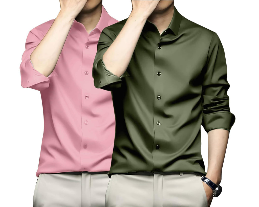 Deelmo Combo Of MenS Stylish Solid Satin Casual Shirt For Men Full Sleeves| Poly Satin Silk Shirt Pack Of 2