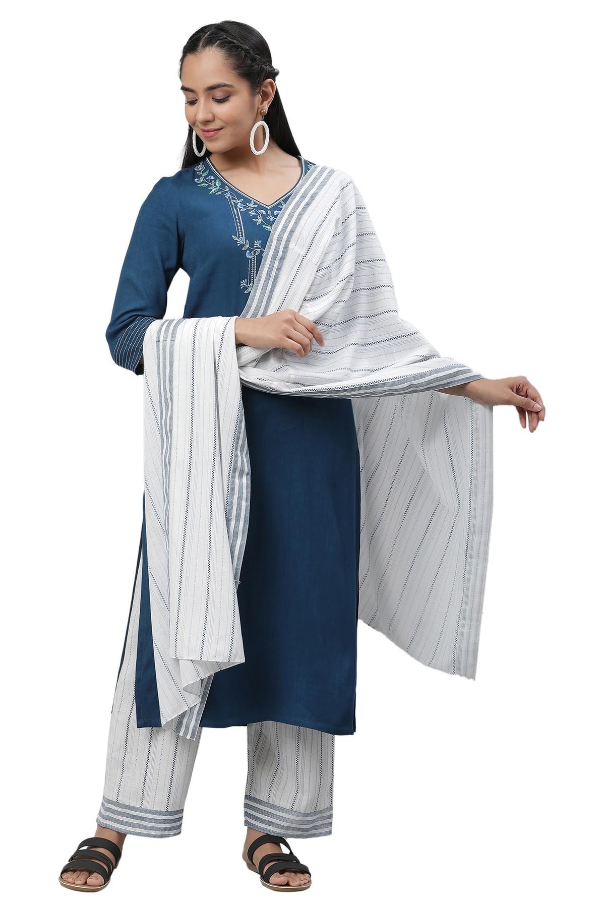 Aurelia White Vertical Striped Cotton Regular Stole