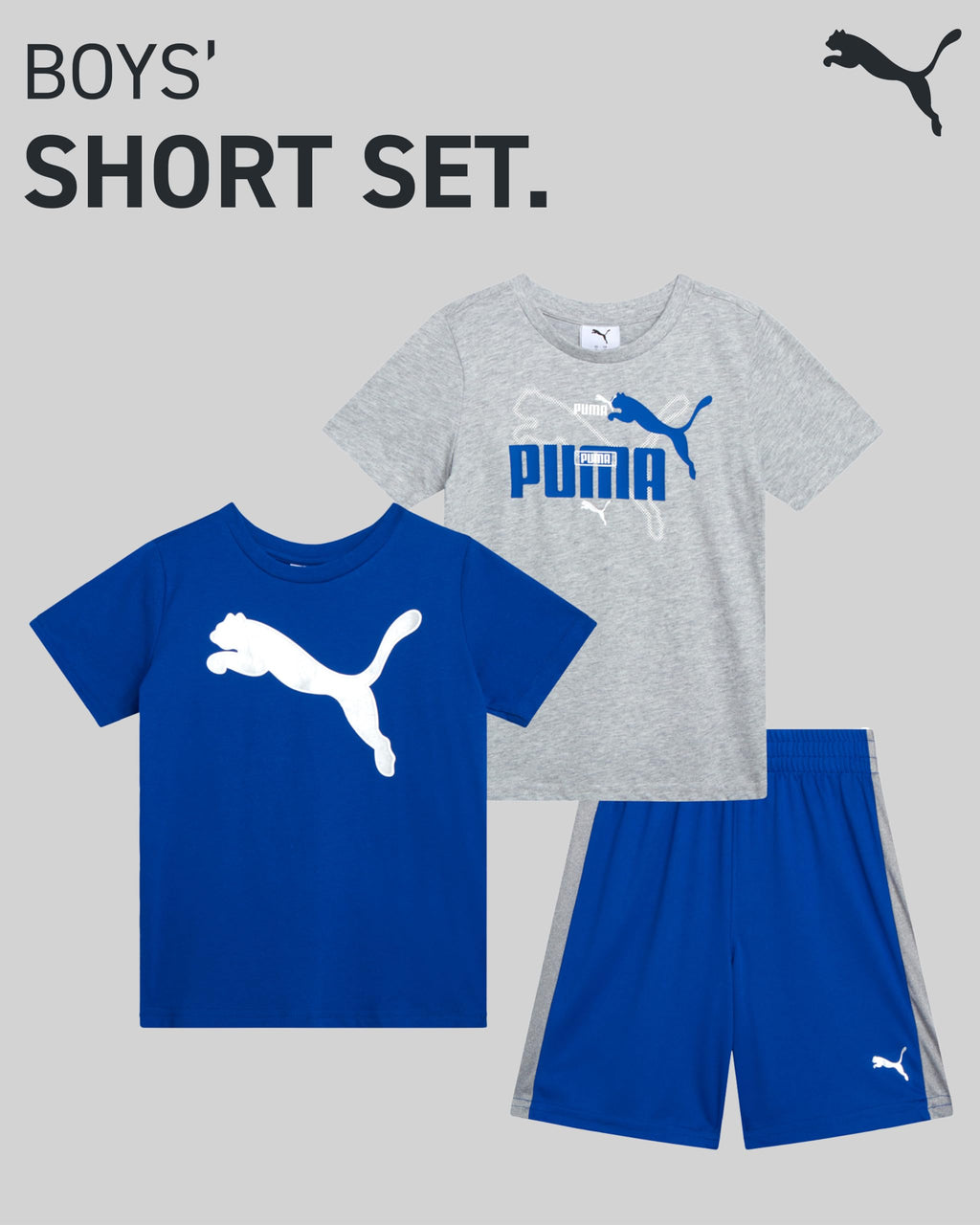 PUMA Boys' Short Set - 3 Piece Short Sleeve Graphic T-Shirts and Active Shorts Outfit Set for Boys (Sizes: 2T-7), Size 2T, Blue/