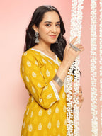 ANNI DESIGNER Women s Straight Printed Viscose Kurta with Trousers, Yellow, 44