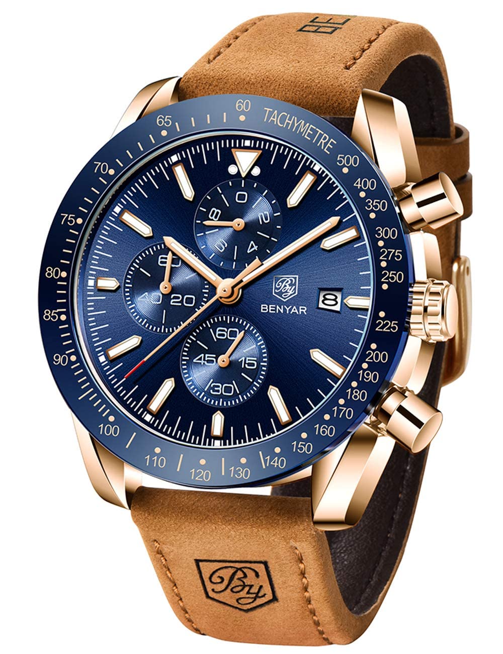 BENYAR Mens Watches Quartz Chronograph Business Luxury Brand Waterproof Wristwatches Fashion Brown Leather Watches for Men (Brow