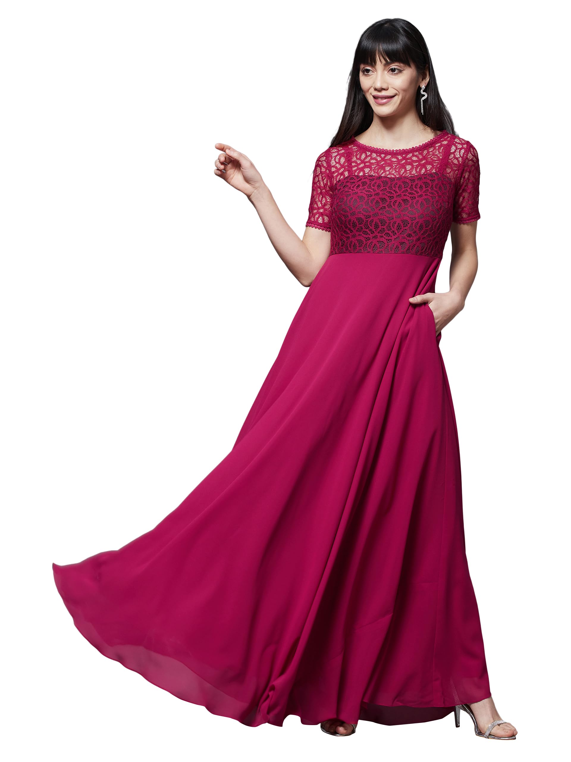 Miss Chase WomenS Dark Pink Round Neck Half Sleeve Solid Lace Overlaid Maxi Dress (Mcaw21D06-32-23-06, Dark Pink, Xl)