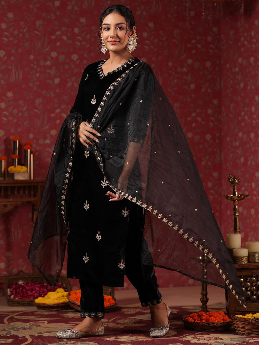 Ishin WomenS Velvet Zari Work Black Straight Kurta Suit Set With Trousers And Dupatta