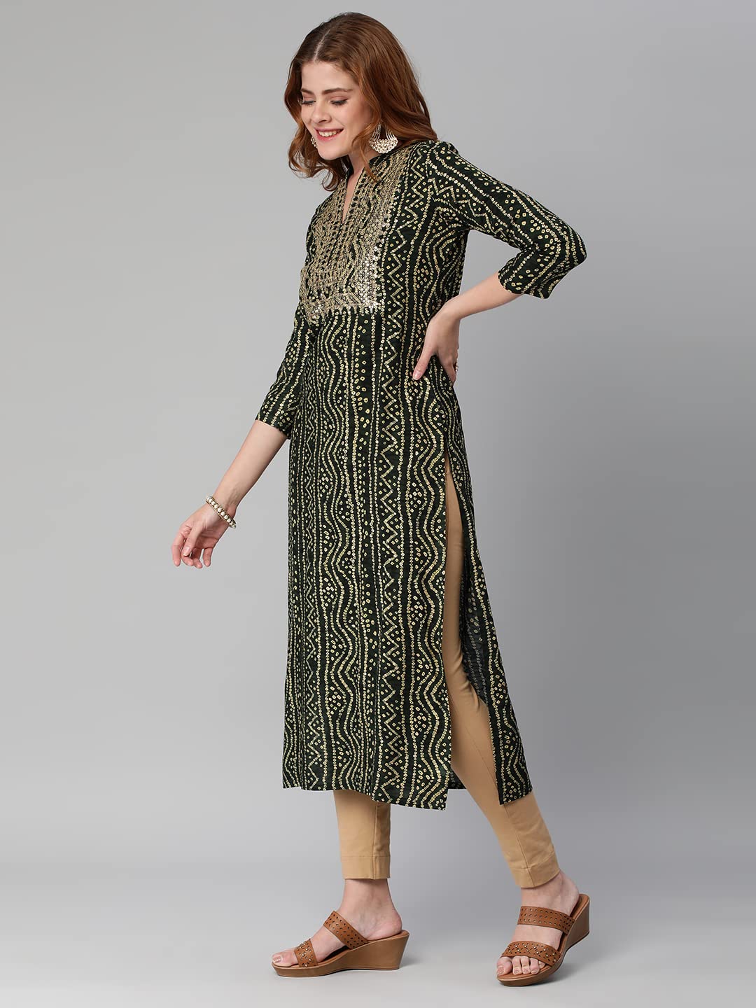 Gosriki Women'S Pure Cotton Rayon Bandhani Printed With Embroidered Straight Kurta (Rugari-Blue-Jan42-Gs)