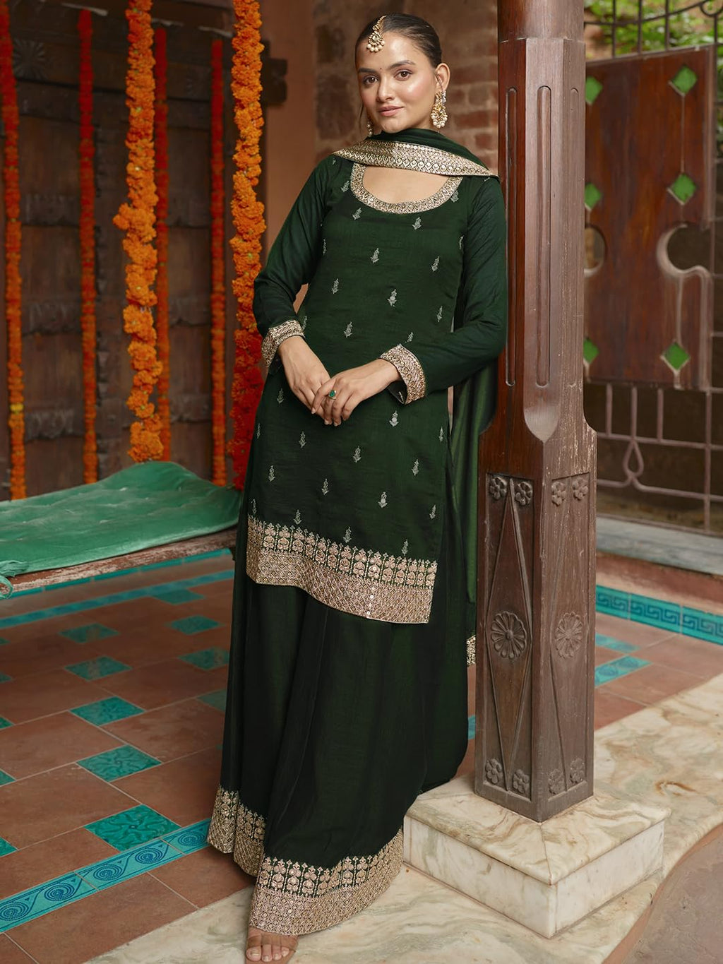 Libas Womens Embroidered Silk Blend Straight Kurta With Palazzos And Dupatta