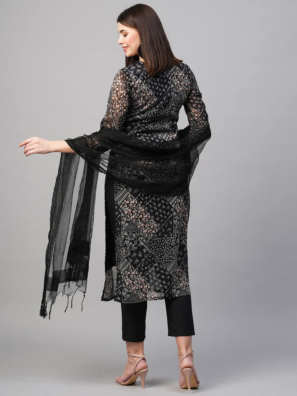 Gosriki Women'S Georgette Straight Printed Kurta With Pant & Dupatta (Pivis Black-Gs)