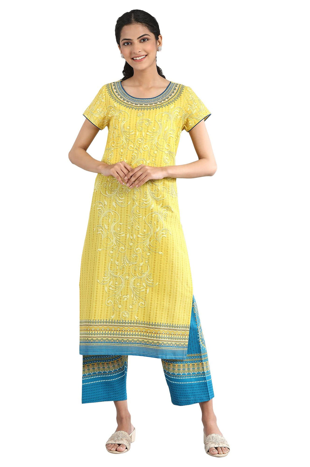 Aurelia WomenS Cotton Geometric Print Regular Kurta (21Fea12243Ss-502861_Yellow_S)