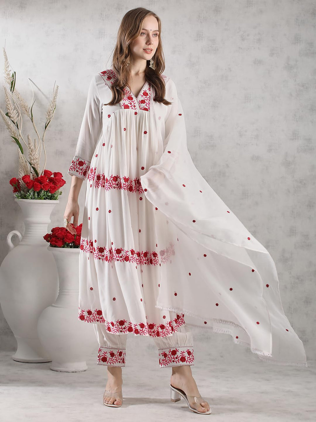 ANNI DESIGNER Women s Printed Rayon Blend Kurta with Pants and Dupatta, cream, L