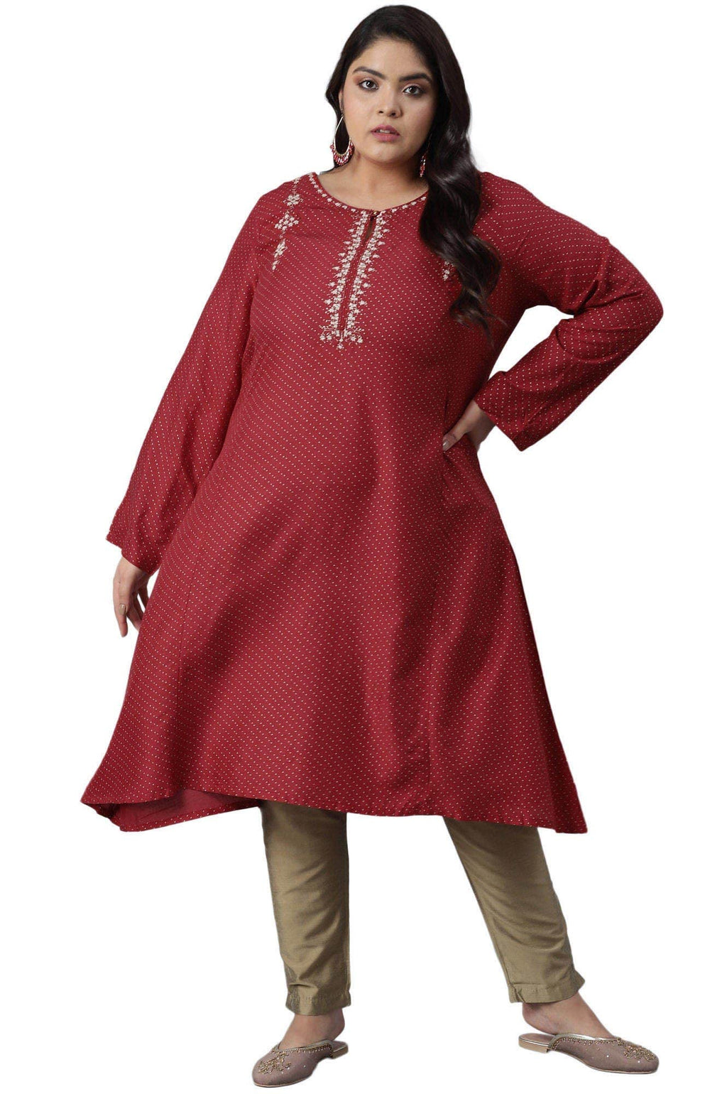 W For Woman Scarlet Red Polka Dots Print Flared Kurta_21Auw16288-117500_2Xl