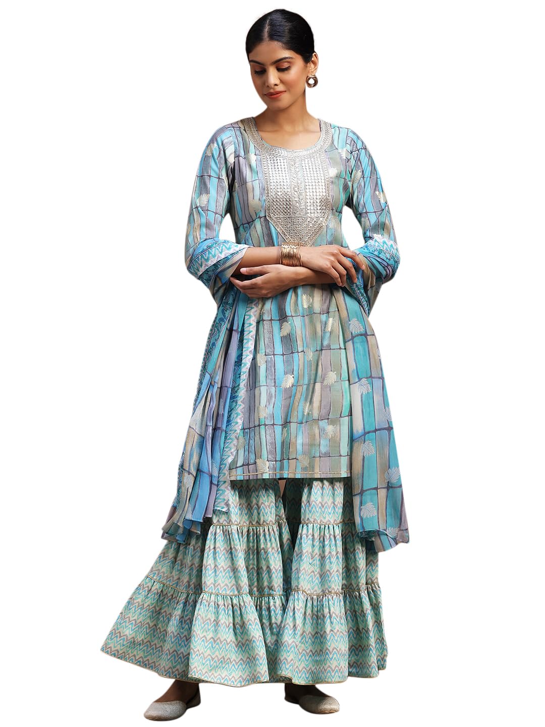 Libas Womens Printed Silk Blend Straight Kurta With Sharara And Dupatta