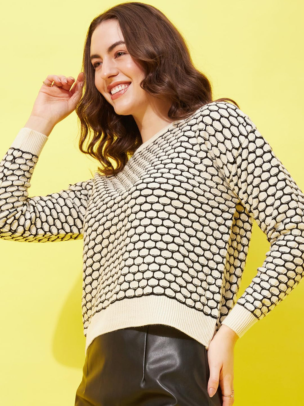 Modeve Self Design Round Neck Casual Women Crop Top Sweater||Winterwear|| White