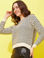 Modeve Self Design Round Neck Casual Women Crop Top Sweater||Winterwear|| White