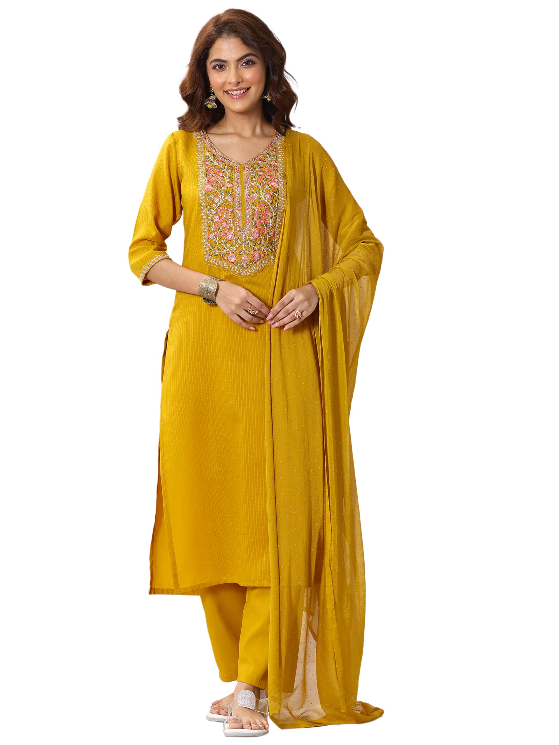 Libas Solid and yoke design Silk blend Straight Kurta With Trousers and Dupatta-GS1091RXXL