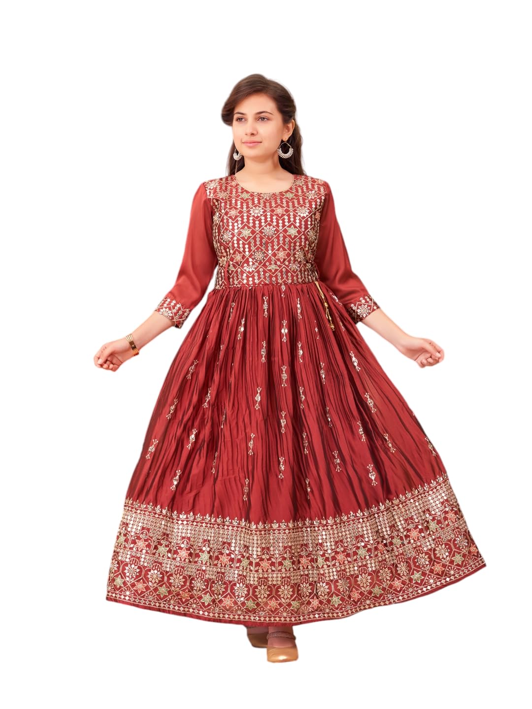 Aarika Girls Ethnic Wear Maroon Colour Sequin Thread Embroidery Satin Gown (12-16 Years)