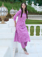 Gosriki Women'S Cotton Blend Straight Printed Kurta With Pant Set (Edf-Purple-Gs_M_Purple_Medium)