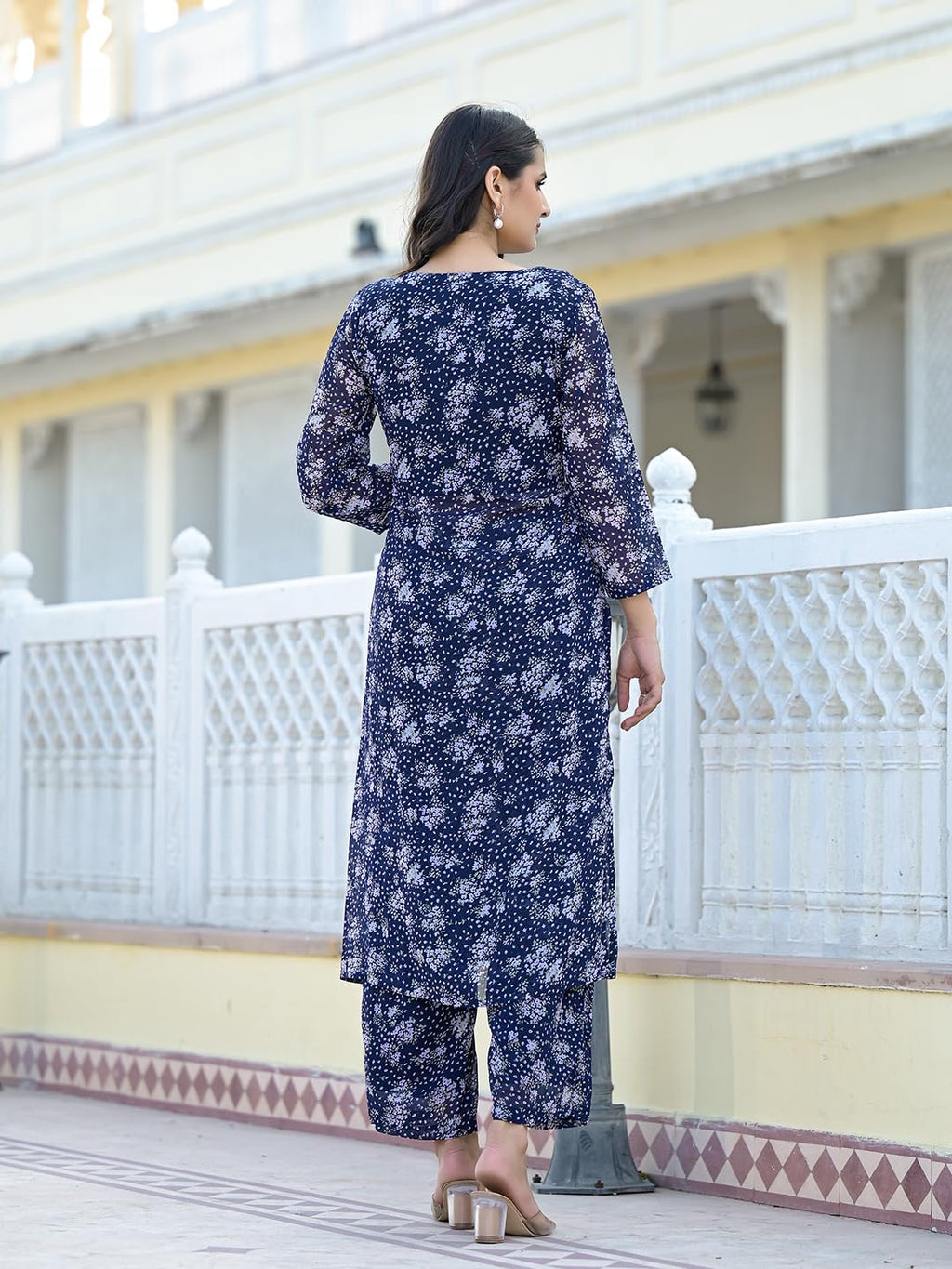 Varanga Women Navy Blue Allover Floral Printed Pleated Empire Kurta Paired With Tonal Bottom