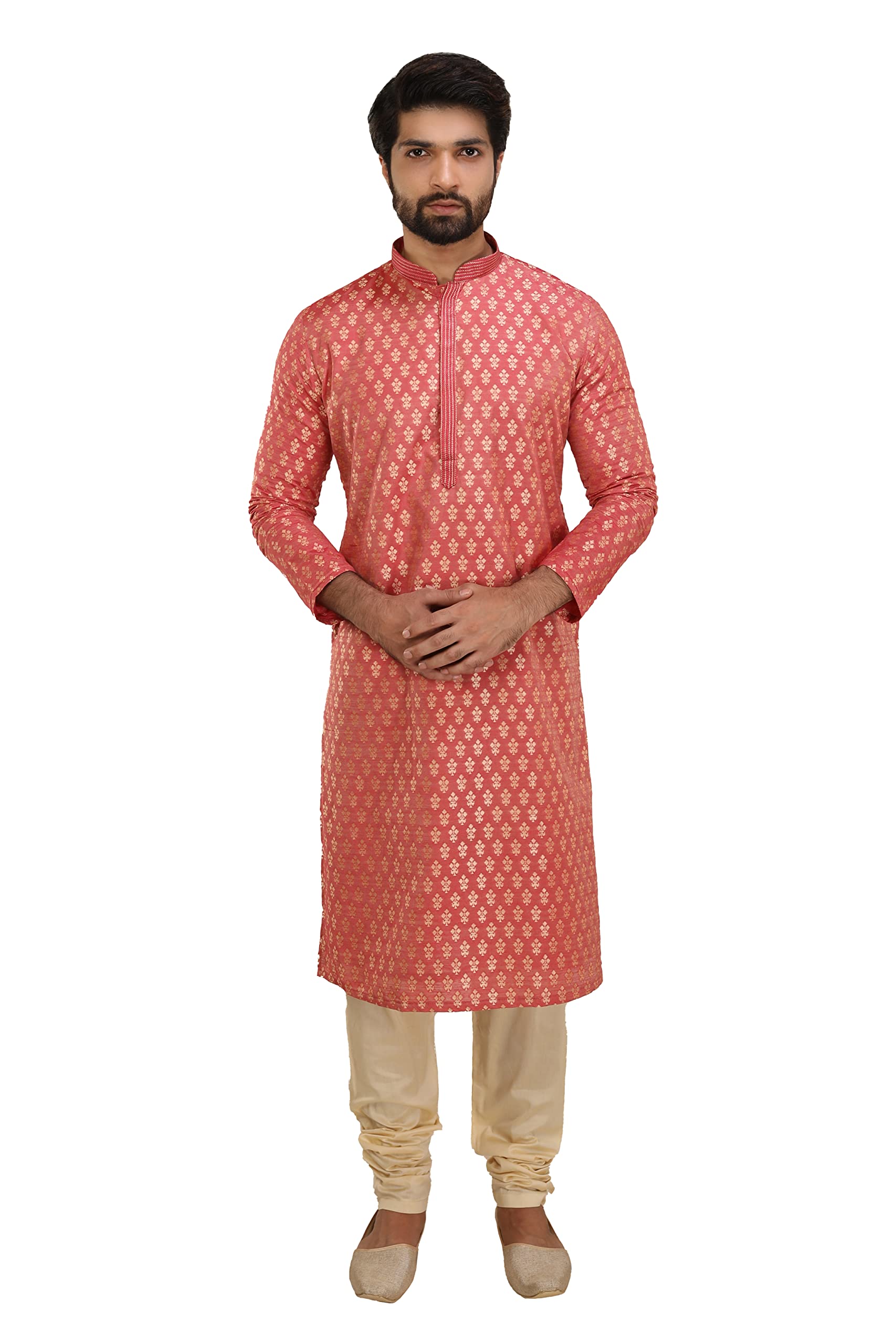 Manyavar Self Design Knee Long Kurta And Churidar Set For Men -(Red, Medium)