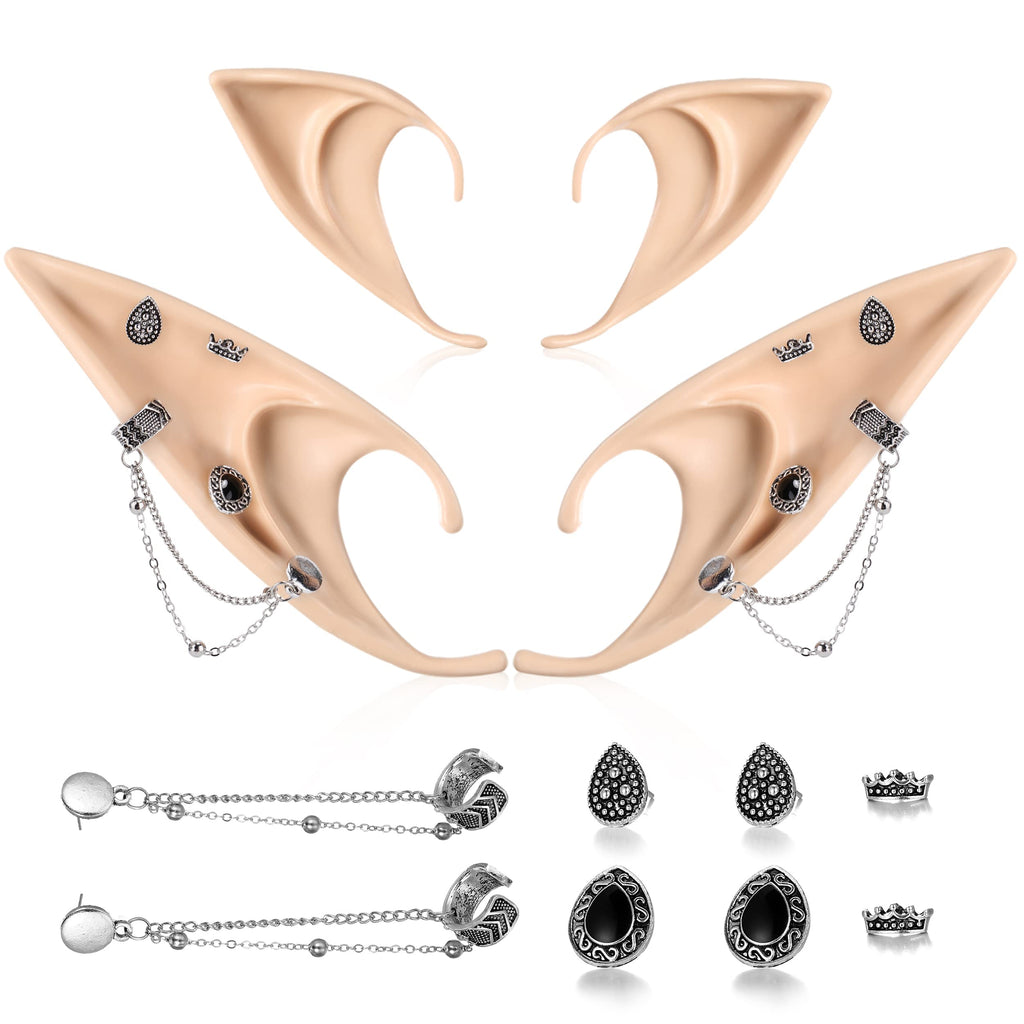 FRESHME Elf Ears with Piercing Cuff Earrings Set - Soft Cosplay Fairy Pixie Ears with Vintage Chain Earring Clips Christmas Rena