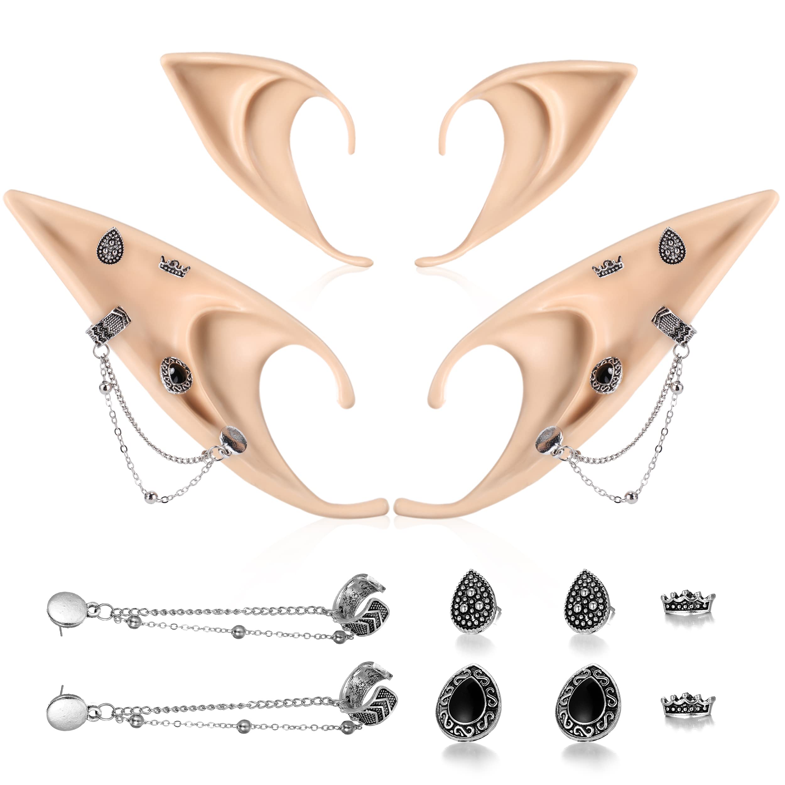 FRESHME Elf Ears with Piercing Cuff Earrings Set - Soft Cosplay Fairy Pixie Ears with Vintage Chain Earring Clips Christmas Rena