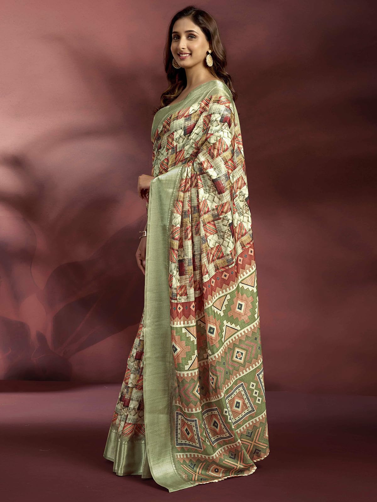 Satrani WomenS Dola Silk Weaving Border Printed Ready To Wear One Minute Pre Stitched Saree With Unstitched Blouse Piece (64Rs1