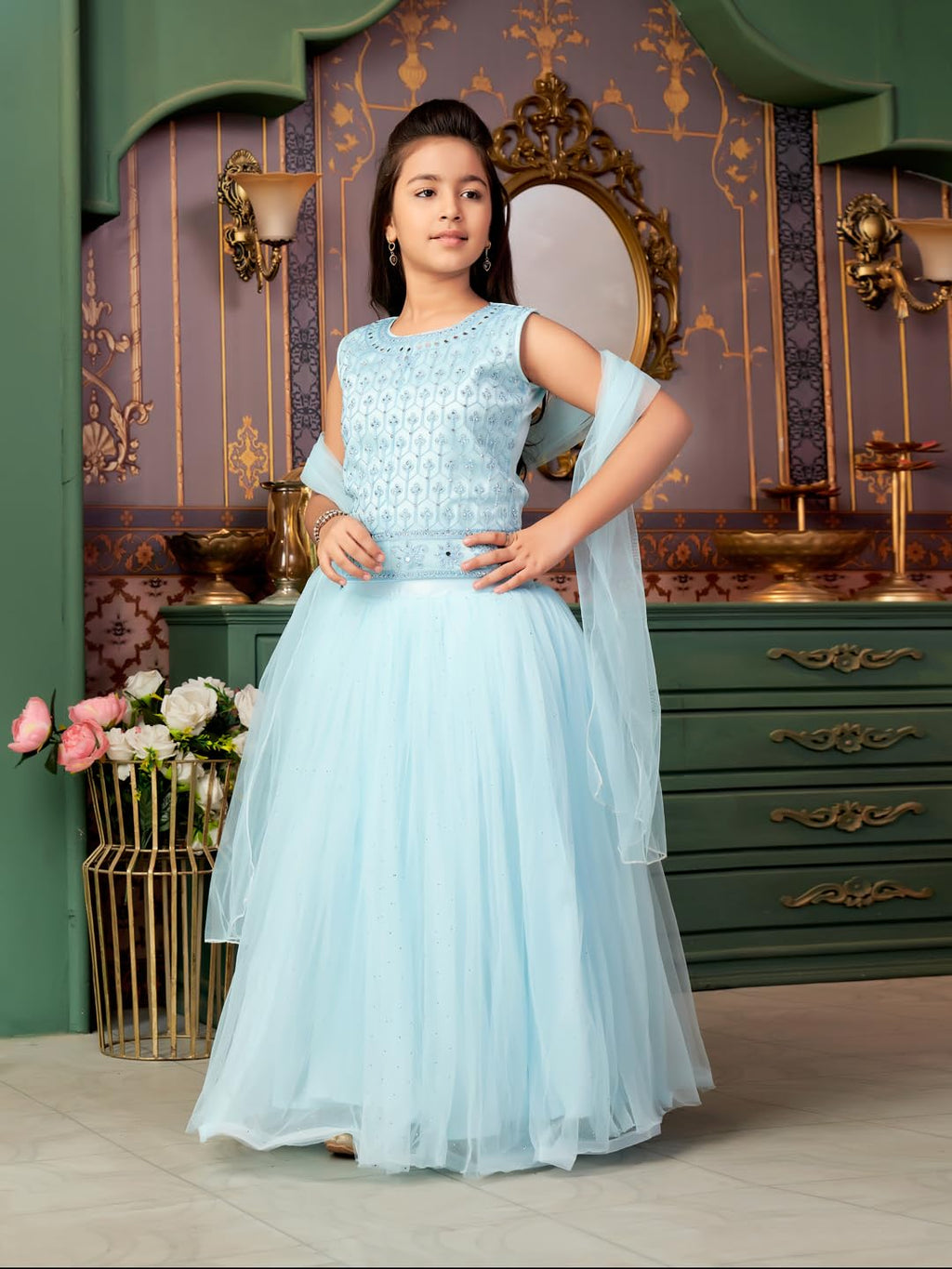 Aarika Girls Ethnic Wear Turquoise Colour Mirror Embroidery Net Lehenga Choli Set With Dupatta-3-13 Years (Lch-18273)