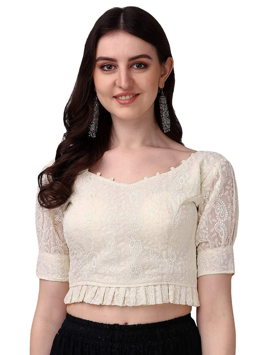 Pujia Mills Womens Georgett Lucknowi Embroidery Puff Sleeve Tie UP Blouse (Lucknowi Tie) (Off White, 38)