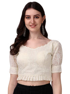 Pujia Mills Womens Georgett Lucknowi Embroidery Puff Sleeve Tie UP Blouse (Lucknowi Tie) (Off White, 38)