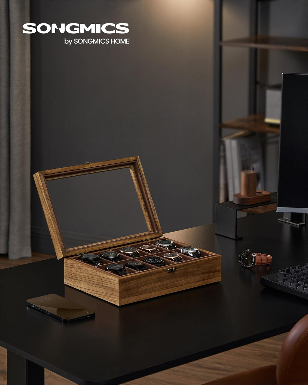 SONGMICS Watch Box, 10-Slot Watch Case, Solid Wood Watch Box Organizer with Glass Lid, Rustic Walnut UJOW100K01