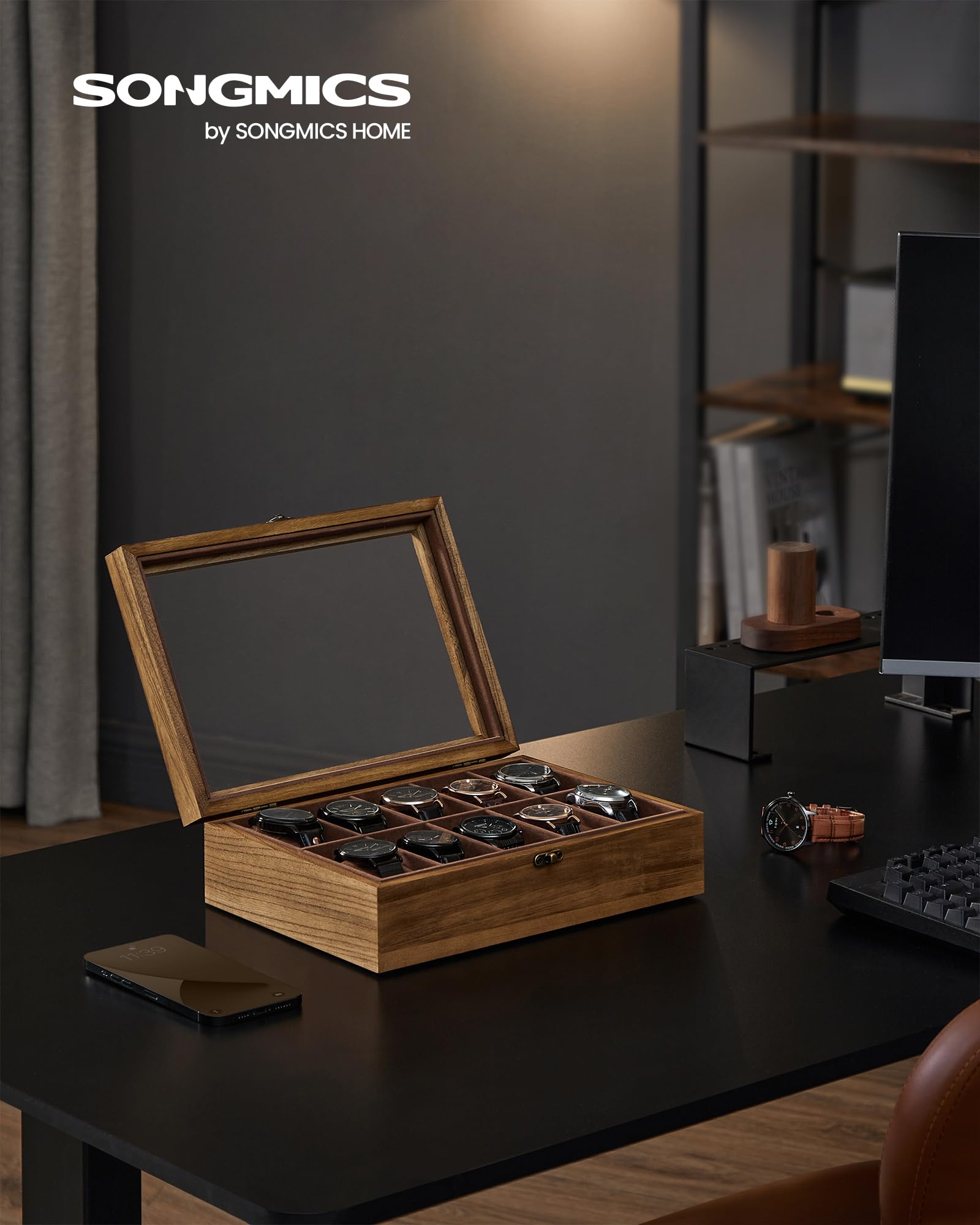 SONGMICS Watch Box, 10-Slot Watch Case, Solid Wood Watch Box Organizer with Glass Lid, Rustic Walnut UJOW100K01