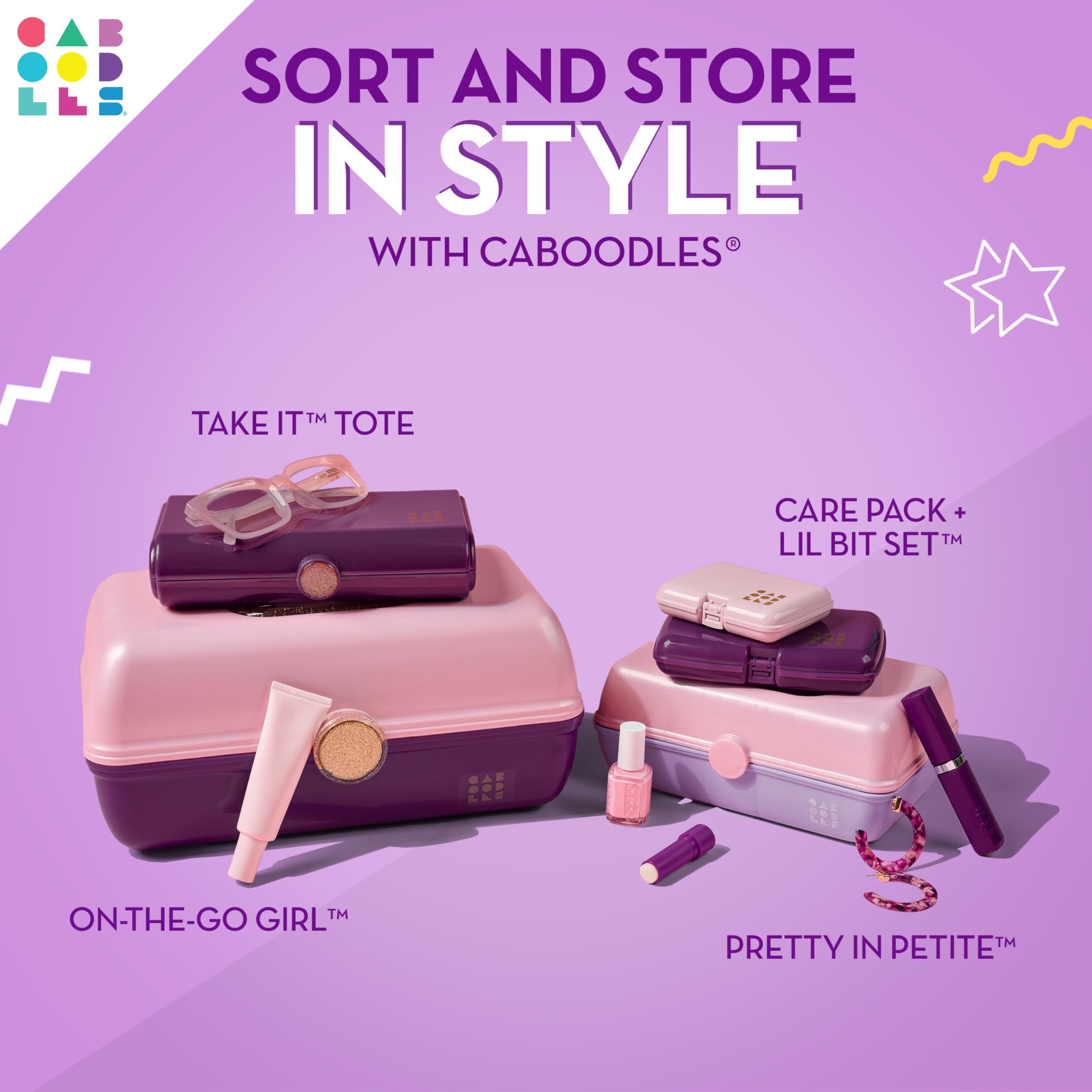 Caboodles Pretty in Petite Makeup Box, Two-Tone Purple Sparkle on Pink Sparkle, Hard Plastic Organizer Box, 2 Swivel Trays, Fash