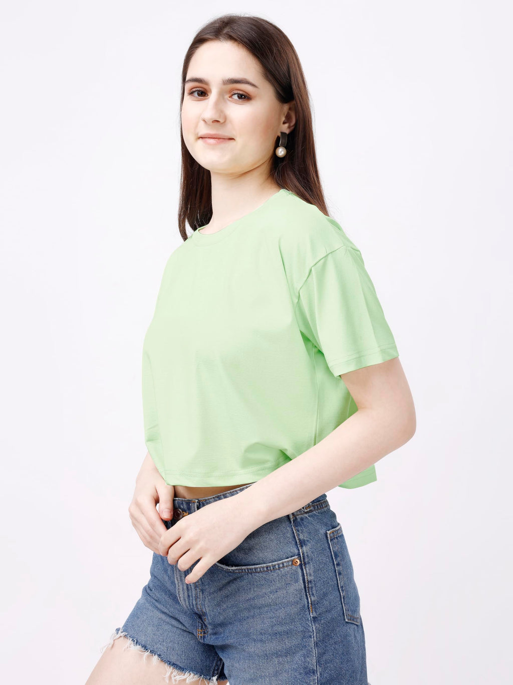 ELLITI Soft Rich Cotton Cyan/See Green Half Sleeve | Round Neck | Oversized/Loose Fit | Down Solder | Plain/Soild Crop Top for W