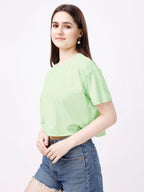 ELLITI Soft Rich Cotton Cyan/See Green Half Sleeve | Round Neck | Oversized/Loose Fit | Down Solder | Plain/Soild Crop Top for W