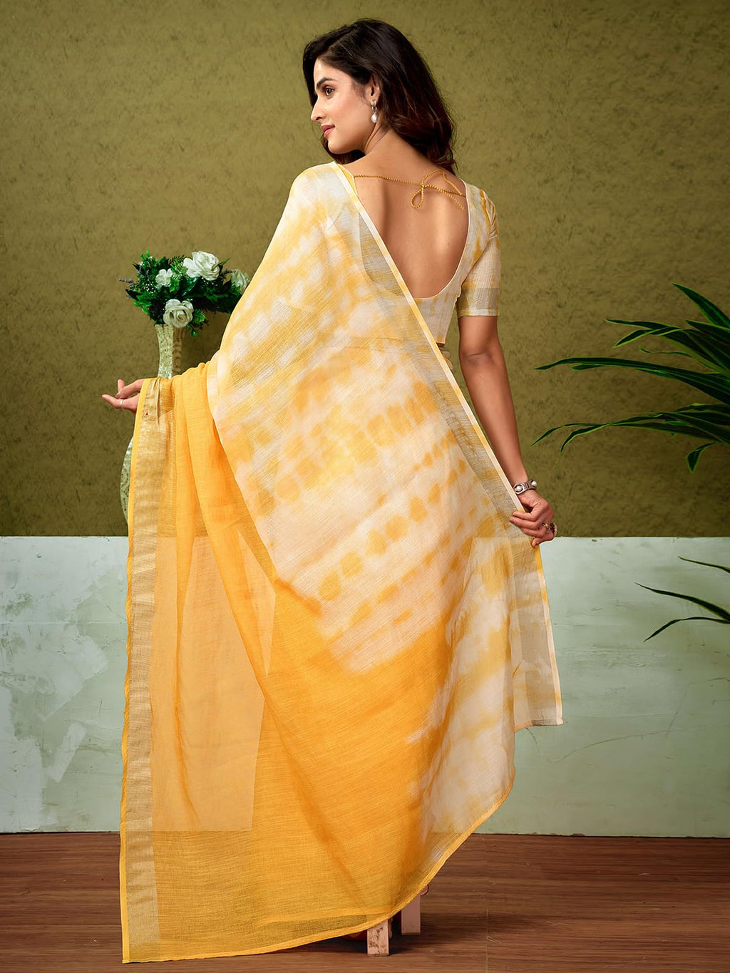 Satrani WomenS Linen Zari Border Printed Ready To Wear One Minute Pre Pleated Readymade Saree With Unstitched Blouse Piece (34R