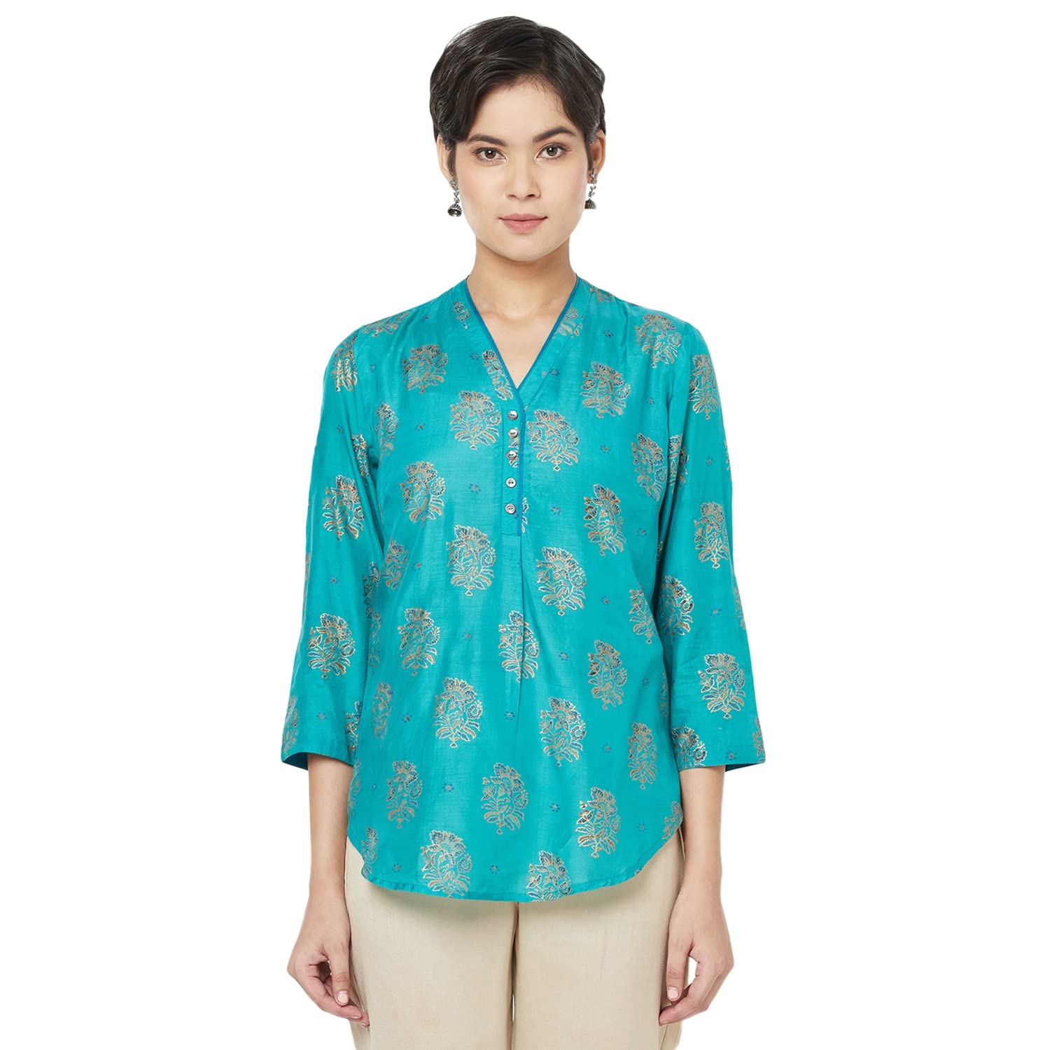 Fabindia WomenS Printed Regular Top_Light Green M