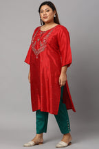 W For Women Plus Size Red Embroidered Shantung Kurta