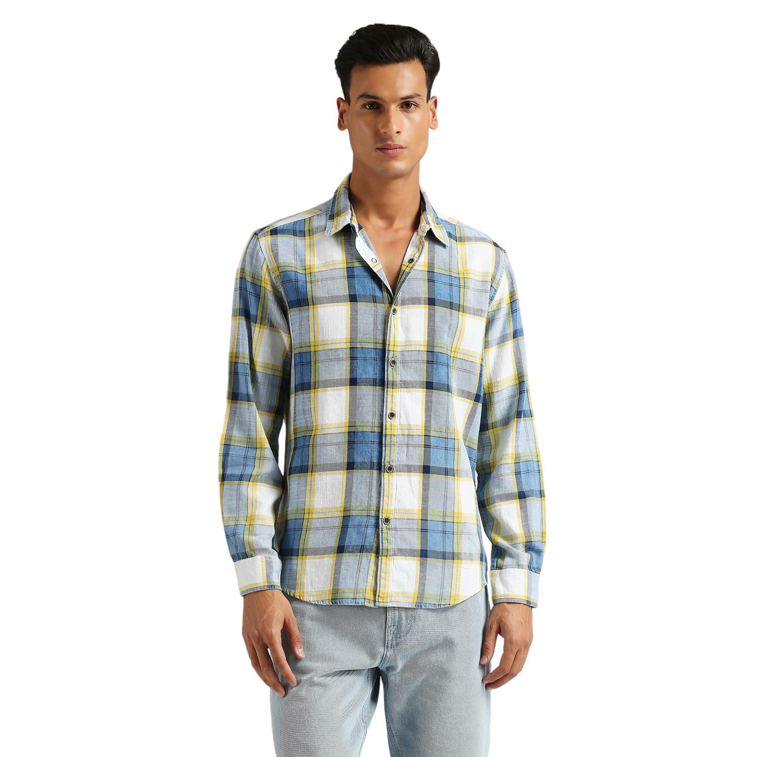 Pepe Jeans MenS Checkered Regular Fit Shirt (Pm308593 Blue And Yellow