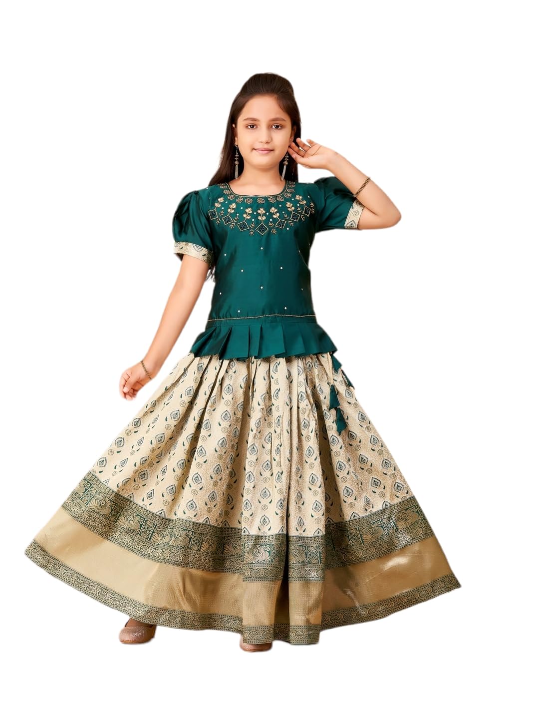 Aarika Girls Ethnic Wear Dark Green Colour Beads-Hand-Embroidery Silk Lehenga Choli Set (4-10 Years)