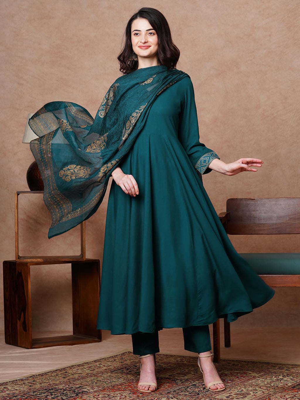 ANNI DESIGNER Women s Kurta Rayon Blend Pants with Dupatta, dark blue, 2XL