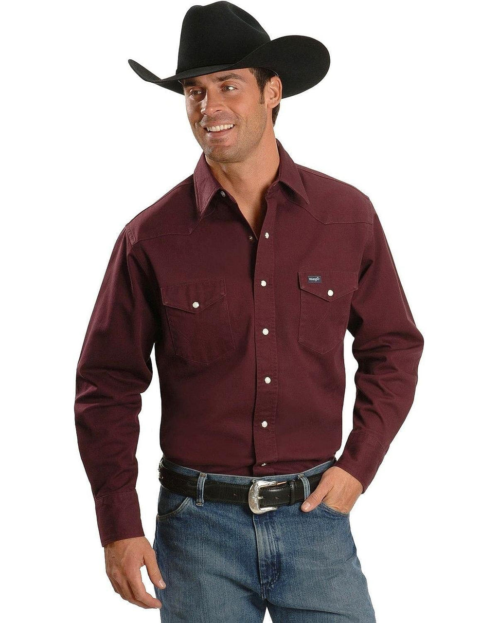 Wrangler Mens Cowboy Cut Western Two Pocket Long Sleeve Snap Work Shirt - Firm Finish - B&T,Red Oxide,X-Large Tall
