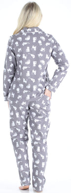 PajamaMania Women's Cotton Flannel Long Sleeve Button-Down Pajamas PJ Set, Grey Cats, Medium