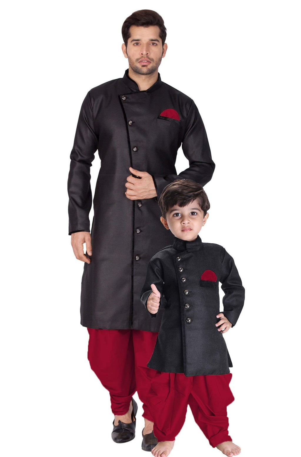 VASTRAMAY Baap Beta Cotton Blend Black and Maroon Indo Angrakha Style Sherwani Set for Father and Son - Perfect Ethnic Ensemble 