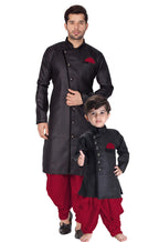 VASTRAMAY Baap Beta Cotton Blend Black and Maroon Indo Angrakha Style Sherwani Set for Father and Son - Perfect Ethnic Ensemble 