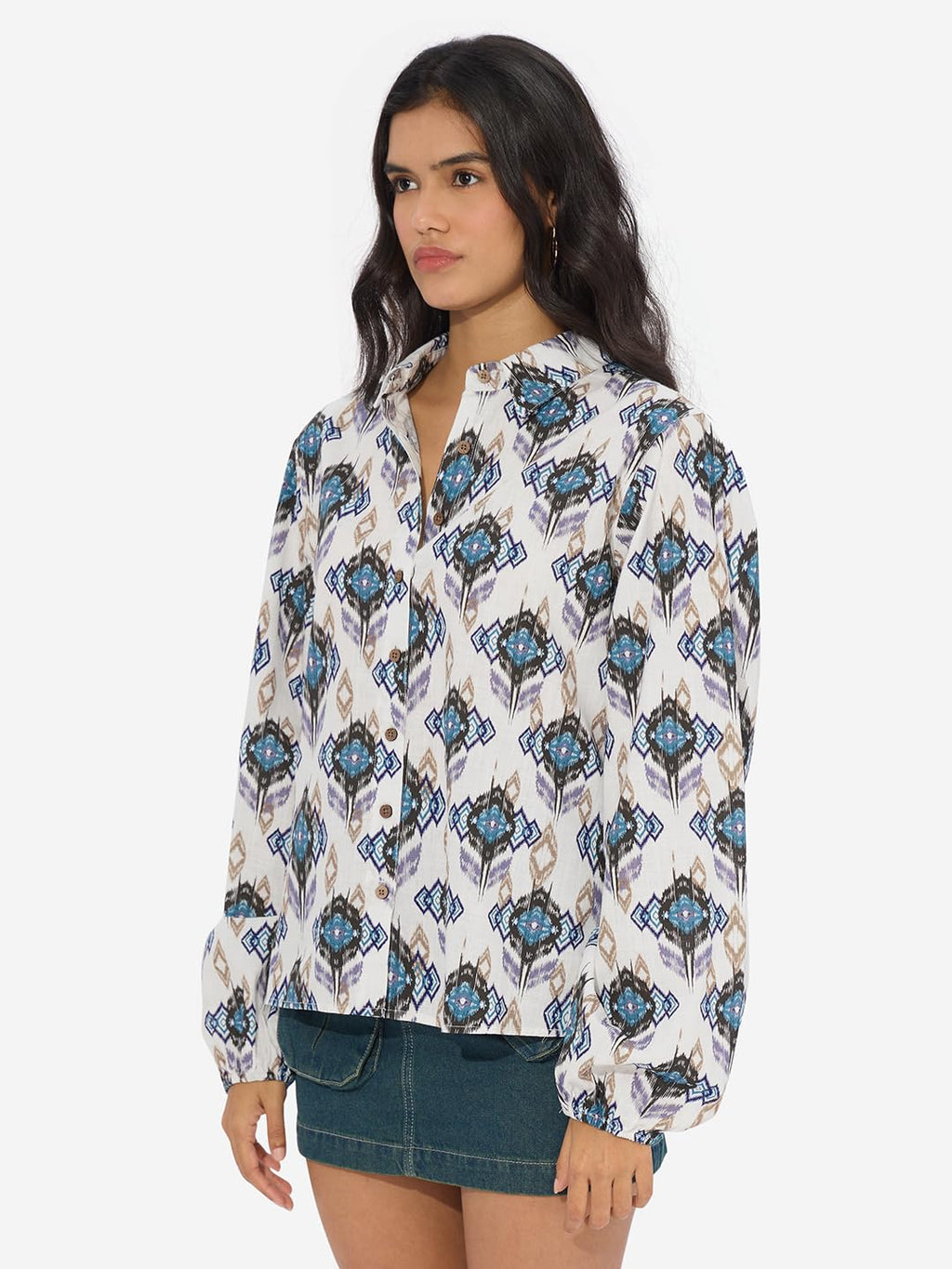 The Souled Store Ikat Twist Women and Girls Long Sleeves Collared Neck Button Front Multicolor All Over Printed Cotton Boyfriend