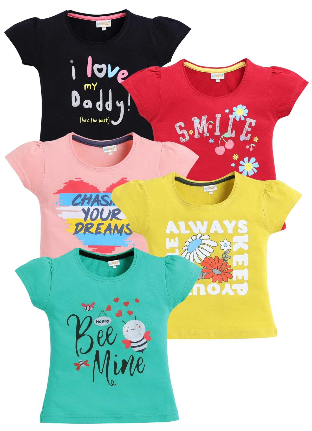 MI Kidz Pure Cotton Tshirts for Girls Kids | Summer Tops for Babygirl | Lightweight and Breathable| Playful Printed tees | Halfs 18-24
