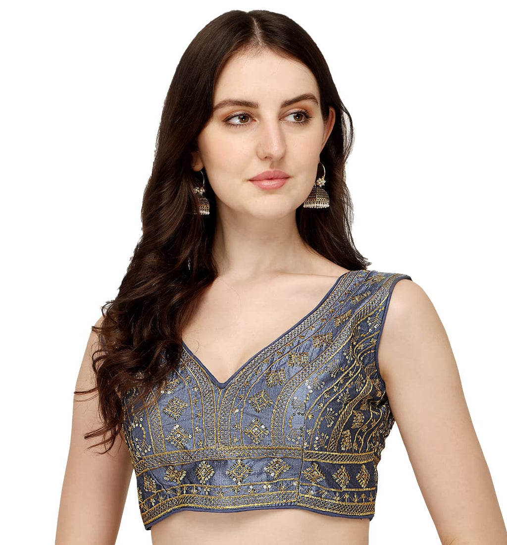 Vihu Fashion WomenS Silk Embroidery Sequins Zari Work Readymade Saree Blouse