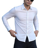 Indoprimo MenS Casual Button Down Long Sleeve Satin Plain Shirt White