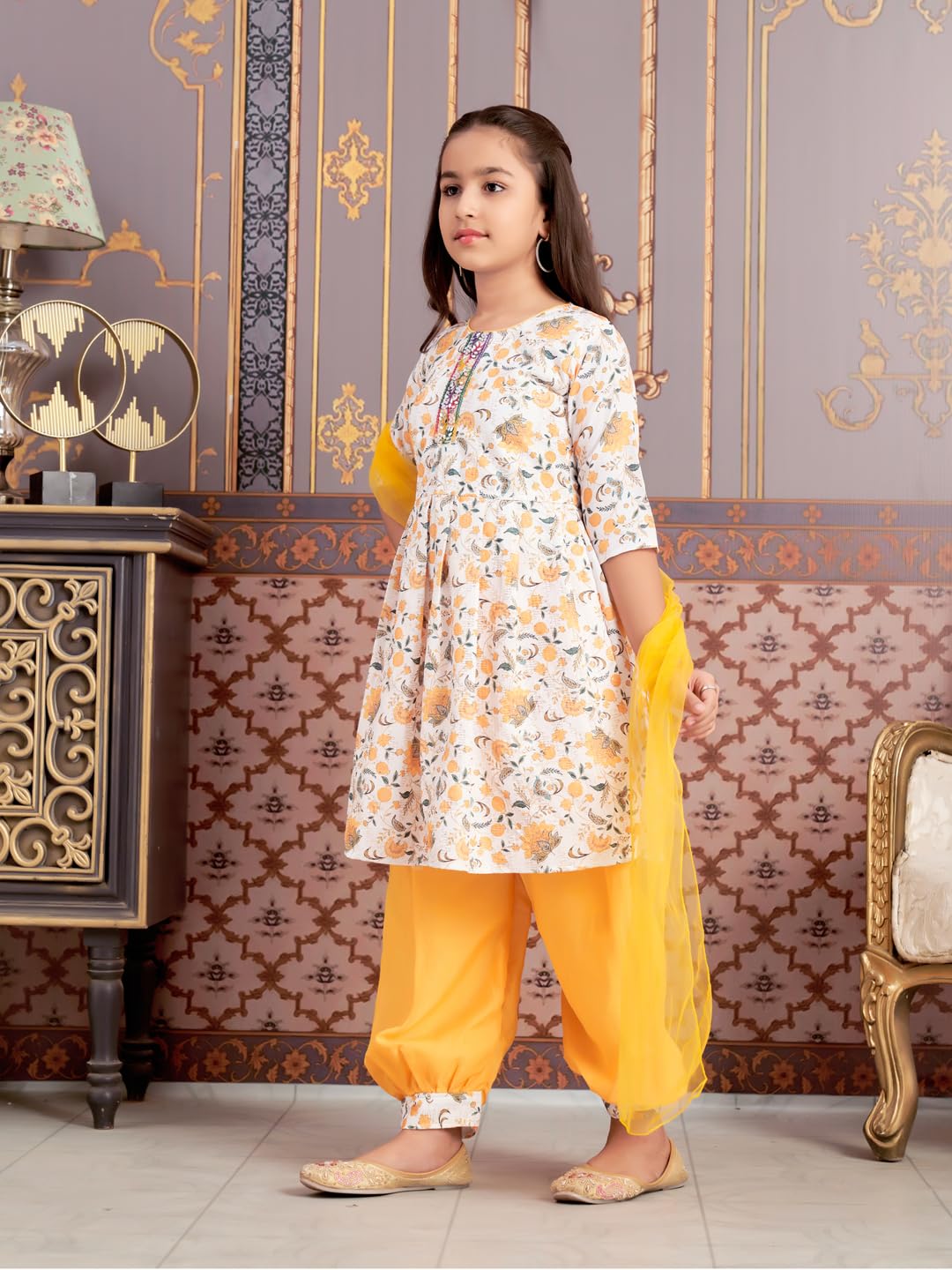 Aarika Girls Ethnic Wear Yellow-White Colour Floral Print Beads Work Polycrepe Kurti Patiala Set With Dupatta-3-13 Years (Pt-Shm