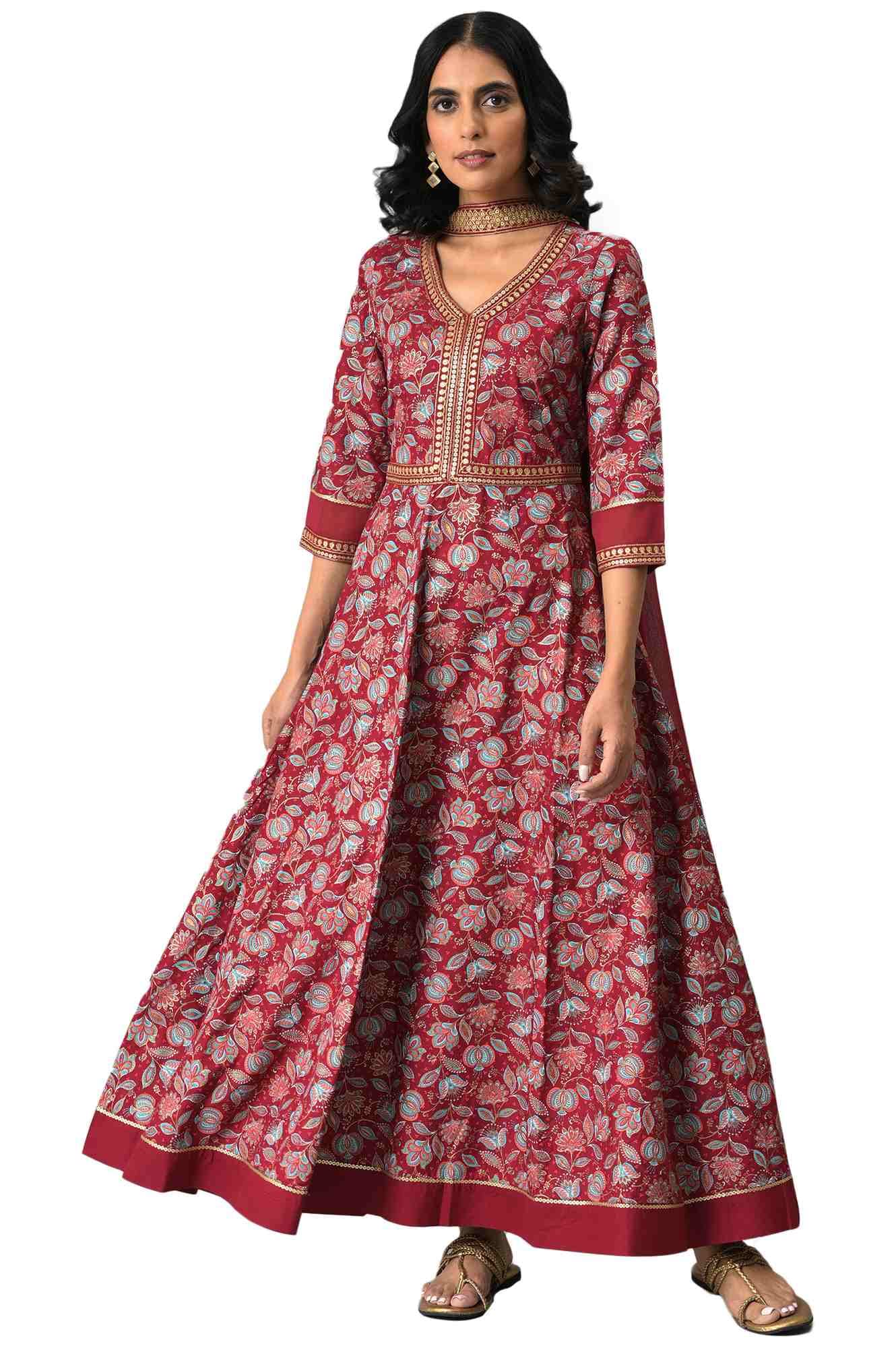 Aurelia Women Maroon Floral Printed With Zari Embroidery Liva Dress And Dupatta_22Auas13516-506029_Xl