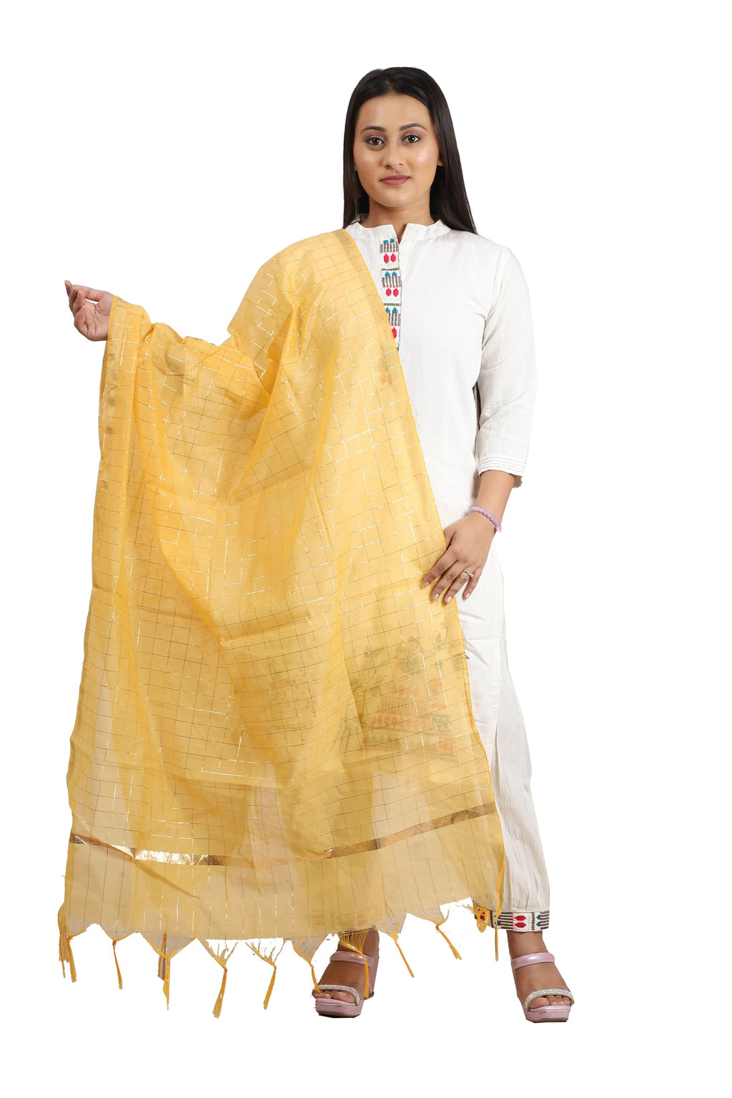 Fabme Silk Blend Women'S Checkered Dupatta With Embellish Golden Border, Free Size